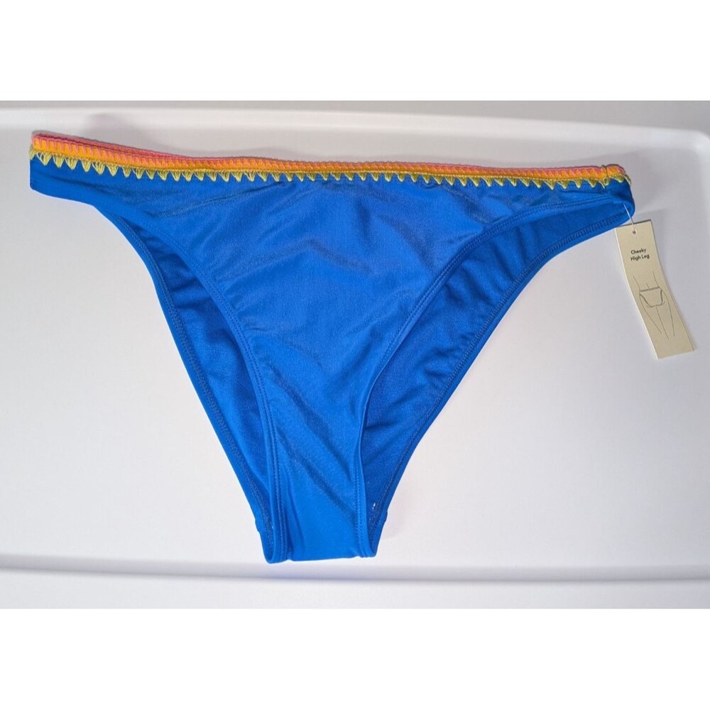 NWT No Boundaries Swim XL Cheeky High Leg Bikini Bottoms Blue Stitched Band